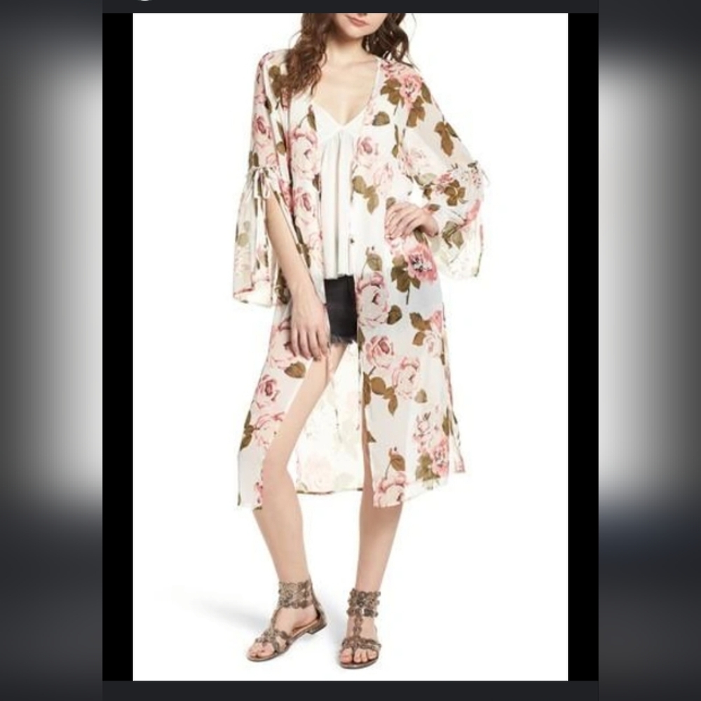 Band of Gypsies/ Tie Sleeve Kimono In Ivory Floral - Picture 1 of 8